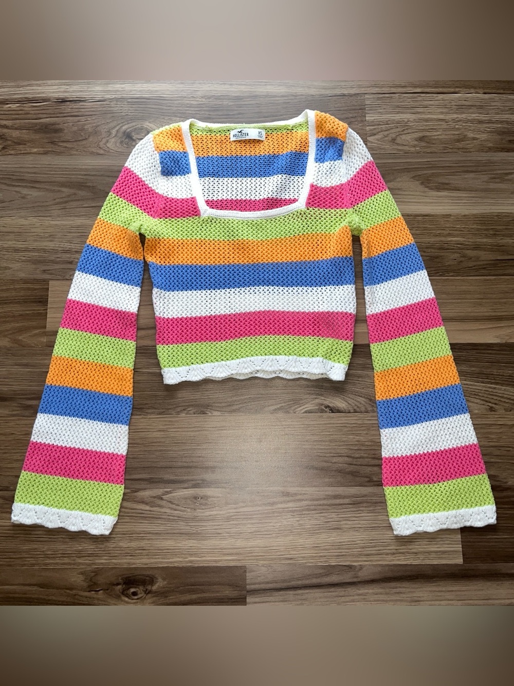 Hollister XS Rainbow Striped Crochet Knit Crop Sweater Bell Sleeve Square Neck